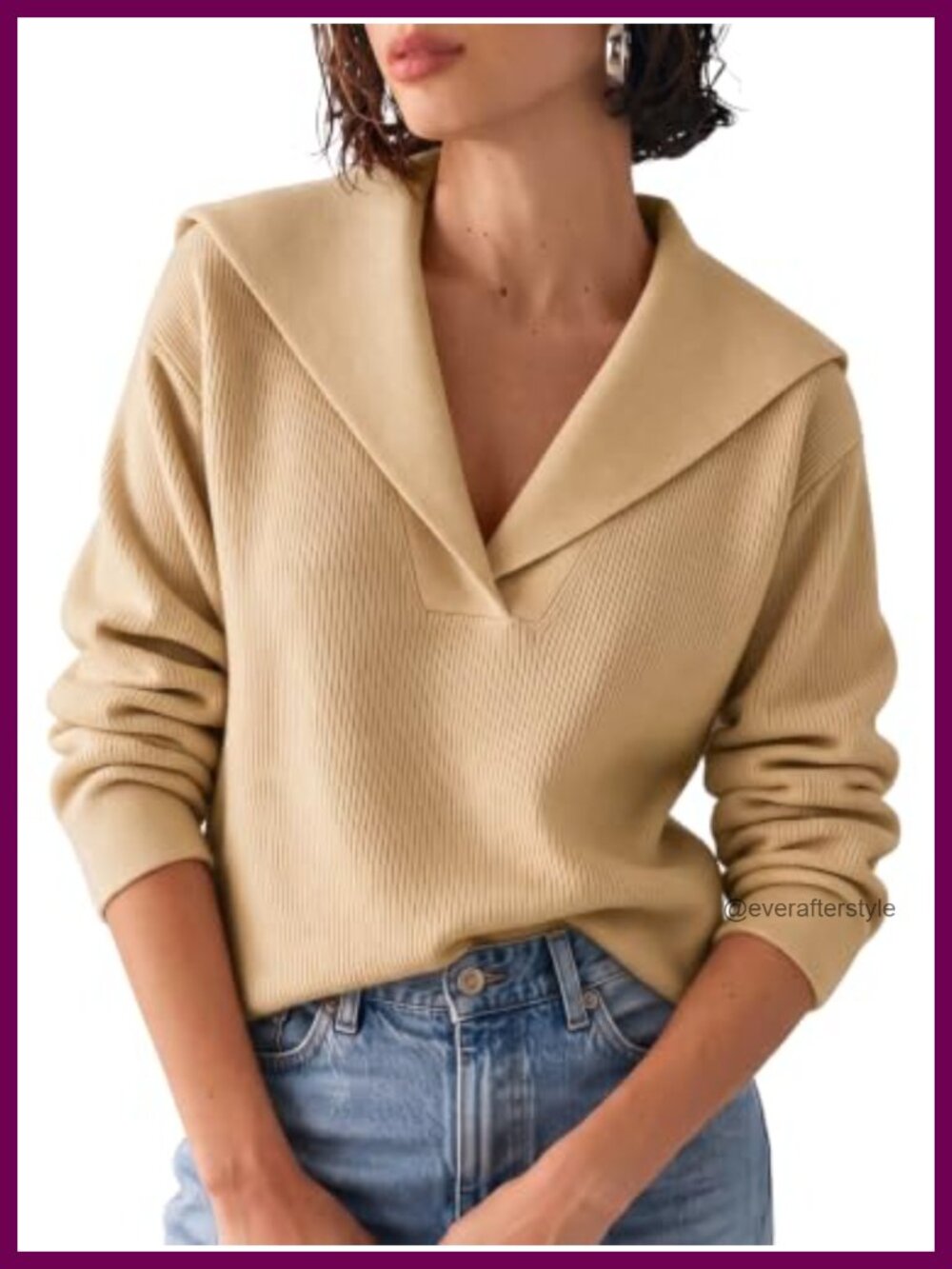 Womens Ribbed Knit V-Neck Pullover Sweater Long Sleeve Loose Fit Casual Office